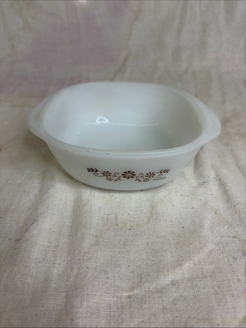 Dynaware Vintage White Milk Glass Casserole Dish with Brown Floral Pattern